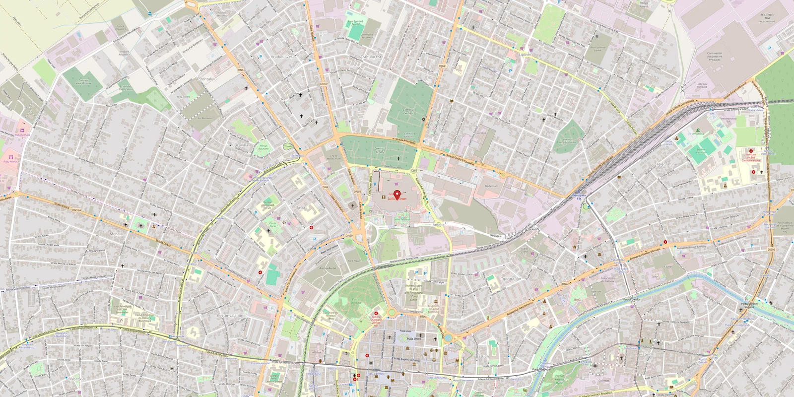 Map of Timisoara, marker on Iulius Town
